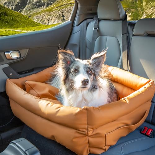 Hundeautositz, Leder, tragbarer Sitzerhöhung, großes/mittelgroßes Hundebett für Auto-Rücksitz, Reisebett mit Aufbewahrungstaschen, abnehmbar, waschbar bis zu 77 kg von BTOG