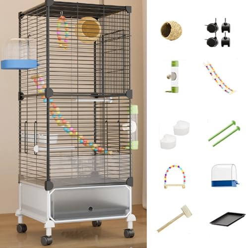 38 Zoll Groß Vogelkäfig Wellensittichkäfig Mit Rollständer, Doppelschicht Käfig Kanarien VogelvoliereMit Tray, Flugkäfig Papageienkäfig Für Kanarien(Black Iron Netting,11 Piece Set) von BTRUTY