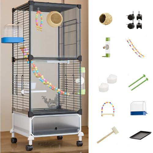 38 Zoll Groß Vogelkäfig Wellensittichkäfig Mit Rollständer, Doppelschicht Käfig Kanarien VogelvoliereMit Tray, Flugkäfig Papageienkäfig Für Kanarien(Black Iron Netting,6 Piece Set) von BTRUTY
