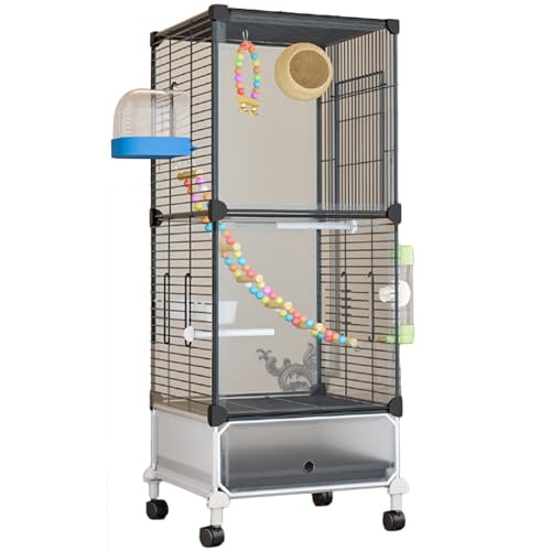 38 Zoll Groß Vogelkäfig Wellensittichkäfig Mit Rollständer, Doppelschicht Käfig Kanarien VogelvoliereMit Tray, Flugkäfig Papageienkäfig Für Kanarien(Black Transparent) von BTRUTY