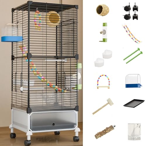 38 Zoll Groß Vogelkäfig Wellensittichkäfig Mit Rollständer, Doppelschicht Käfig Kanarien VogelvoliereMit Tray, Flugkäfig Papageienkäfig Für Kanarien(White Iron Netting,11 Piece Set) von BTRUTY