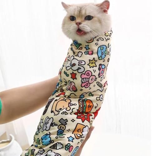 Katzenpflegetuch, Selbsthaftend Katzenwickel zum Krallenschneiden, 35-55cm, Krallenschere Katzen Hilfswerkzeuge, Beständig Kratzen & Beißen, für Medikamente, Nägel Schneiden (Happy Graffiti, 45*45cm) von BTSAE
