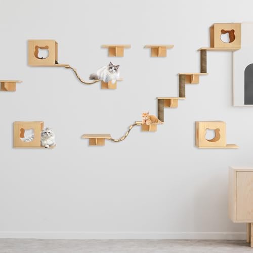 Kletterwand Katzen XXL, 250 cm Katzenkletterwand Set, 7/9/17-teiliges Katzen Wandelemente mit Katzenhaus, Katzenkratzbaum, Katzenbrücke, Wandregale, Holz-Katzenwandmöbel (17-teiliges) von BTSAE