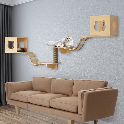 Kletterwand Katzen XXL, 250 cm Katzenkletterwand Set, 7/9-teiliges Katzen Wandelemente mit Katzenhaus, Katzen Kratzbaum, Katzenbrücke, Katzen Wandregale, Holz-Katzenwandmöbel (7-teiliges) von BTSAE