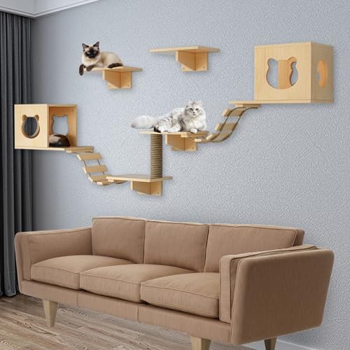 Kletterwand Katzen XXL, 250 cm Katzenkletterwand Set, 7/9-teiliges Katzen Wandelemente mit Katzenhaus, Katzen Kratzbaum, Katzenbrücke, Katzen Wandregale, Holz-Katzenwandmöbel (9-teiliges) von BTSAE