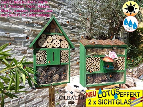 2 x Bienenhotels, mit Lotus+2xBrutröhrchen, viereckig/Quadrat + Hausform, Insektenhaus + Bienenhaus mit Bienentränke, Insektenhotel, mit Lotus+2xBrutröhrchen, Ausführung GRÜN hellgrün von BTV Batovi