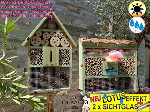 2 x Bienenhotels, mit Lotus+2xBrutröhrchen, viereckig/Quadrat + Hausform, Insektenhaus + Bienenhaus mit Bienentränke, Insektenhotel, mit Lotus+2xBrutröhrchen, Ausführung MOOSGRÜN von BTV Batovi