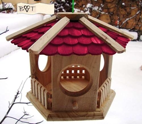 BTV Batovi Vogelhaus, aus Holz Vöglehus Vogelvilla behandelt Futterhaus mit rotem Dach Schindel ROT S25ro von BTV Batovi