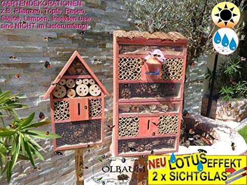 XL 2 x Bienenhotel, mit Lotus+2xBrutröhrchen, Viereckig-HOCH mit Rindendach + Spitze,Insektenhaus + Bienenhaus mit Bienentränke, Insektenhotel, mit Lotus+2xBrutröhrchen, Farbe rot lasiert von BTV Batovi