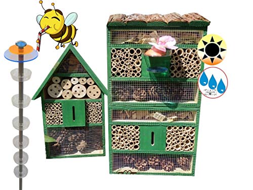 2X Insektenhotel türkisfarben + Gartendeko-Stecker, als funktionale Bienentränke + 2X Lotus BIENENHAUS Insektenhaus,XXL Bienenstock & Bienenfutterstation für Wildbienen, Hummeln Schmetterlinge von BTV