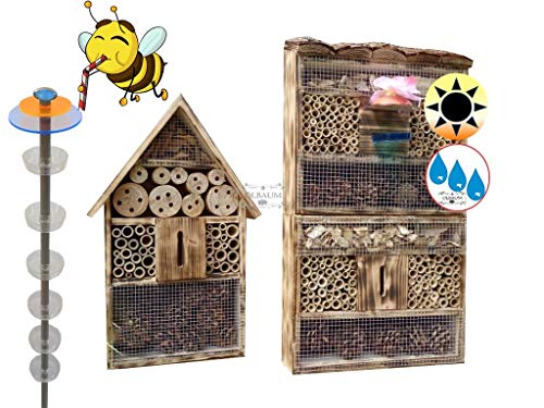 2X Lotus Bienenhotel, Premium Insektenhotel MIT BIENENTRÄNKE,XXL Bienenstock & Bienenfutterstation für Wildbienen, Hummeln Schmetterlinge Nistkasten GEFLAMMT geflammt von BTV