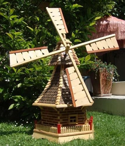 BTV XL Garten-Windmühle Holzwindmühle, Windmühlen Garten, imprägniert + kugelgelagert 1 m groß Dunkelbraun braun dunkel + Natur Holz mit/ohne Solarbeleuchtung von BTV