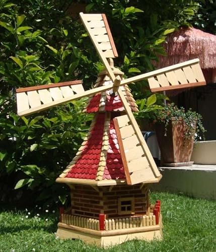BTV XXL Garten-Windmühle Holzwindmühle, Windmühlen Garten, imprägniert + kugelgelagert 1,30 m groß rot lasiert hell weinrot + Natur mit/ohne Solarbeleuchtung von BTV