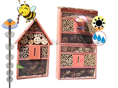 Gartendeko-Stecker mit Lichteffekt, Sonnenfänger als funktionale Bienentränke + 2X Lotus BIENENHAUS Insektenhaus,XXL Bienenstock & Bienenfutterstation, braun von BTV
