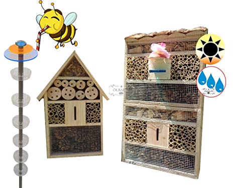 Gartendeko-Stecker mit Lichteffekt, Sonnenfänger als funktionale Bienentränke + 2X Lotus BIENENHAUS Insektenhaus,XXL Bienenstock & Bienenfutterstation für Wildbienen, Hummeln, Schmetterlinge von BTV