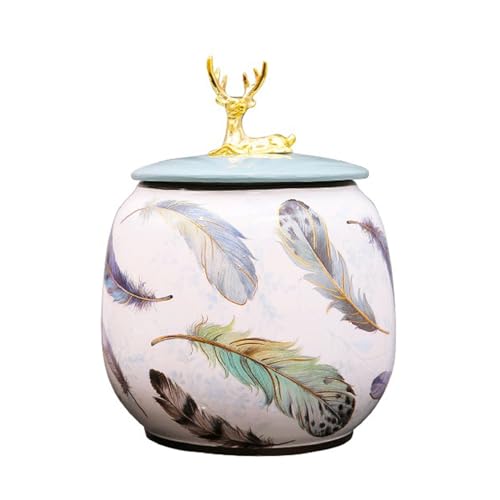 BTYQKZVPM Mini-Haustierurnen, Keramik-Andenkenurnen, handbemalt, floral, Feder, Hirsch, Deckel, mehrere Größen(Feathers,Big) von BTYQKZVPM
