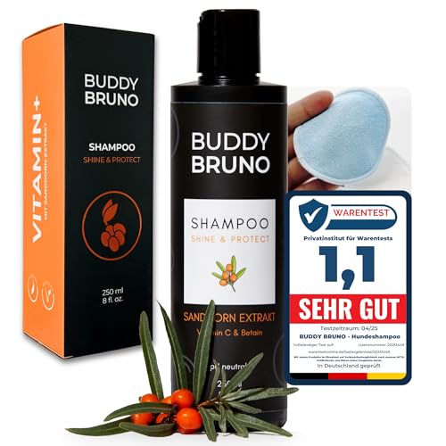 BUDDY BRUNO® Hundeshampoo sensitiv | Vitamin+ natürliche Fellpflege mit Sanddorn-Extrakt | vegan | regeneriert Haut & Fell | gegen Gerüche & Juckreiz, dermatologisch getestet | 250 ml von BUDDY BRUNO