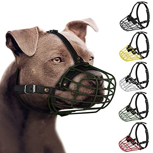 Amstaff Pitbull Hundemaulkorb, Metallmaske, Drahtkorb, verstellbar, langlebig, Lederriemen für große Hunde (grün) von BUDKAS