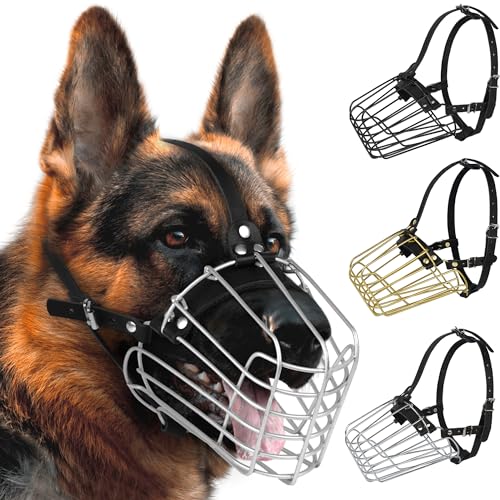 BUDKAS Deutscher Schäferhund Maulkorb Metall Korb für Mittlere Große Hunde Verstellbare Langlebige Lederriemen Sichere Drahtmaske zum Beißen Kauen Bellen (Silber, L - Größe) von BUDKAS