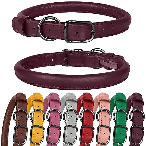 BUDKAS Hundehalsband aus gerolltem Leder für kleine, mittelgroße und große Hunde, Welpen, langlebig, verstellbar, weich, rundes Seil (27,9 - 38,1 cm, Halsumfang, Marsala) von BUDKAS