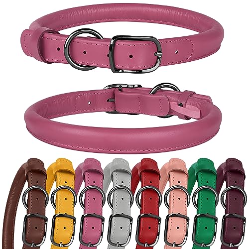 BUDKAS Hundehalsband aus gerolltem Leder für kleine, mittelgroße und große Hunde, Welpen, langlebig, verstellbar, weich, rundes Seil (35,6 - 45,7 cm Halsumfang, Rosa) von BUDKAS