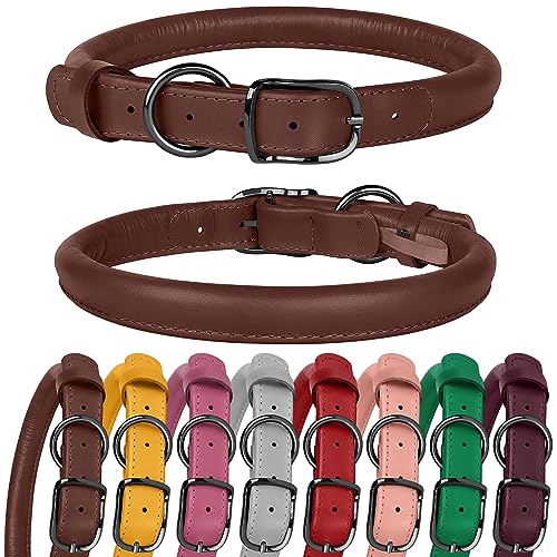 BUDKAS Hundehalsband aus gerolltem Leder für kleine, mittelgroße und große Hunde, Welpen, langlebig, verstellbar, weich, rundes Seil (43,2 - 53,3 cm Halsumfang, braun) von BUDKAS