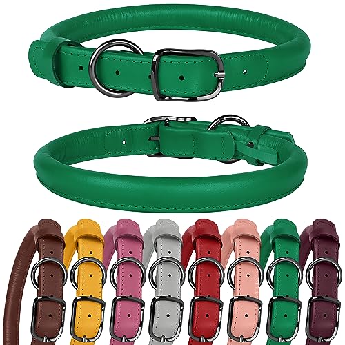BUDKAS Hundehalsband aus gerolltem Leder für kleine, mittelgroße und große Hunde, Welpen, langlebig, verstellbar, weich, rundes Seil (43,2 - 53,3 cm Halsumfang, grün) von BUDKAS