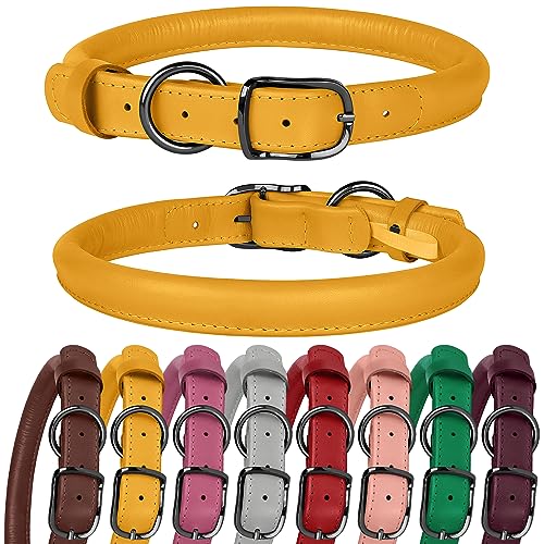 BUDKAS Hundehalsband aus gerolltem Leder für kleine, mittelgroße und große Hunde, Welpen, langlebig, verstellbar, weich, rundes Seil (50,8 - 61 cm Halsumfang, gelb) von BUDKAS