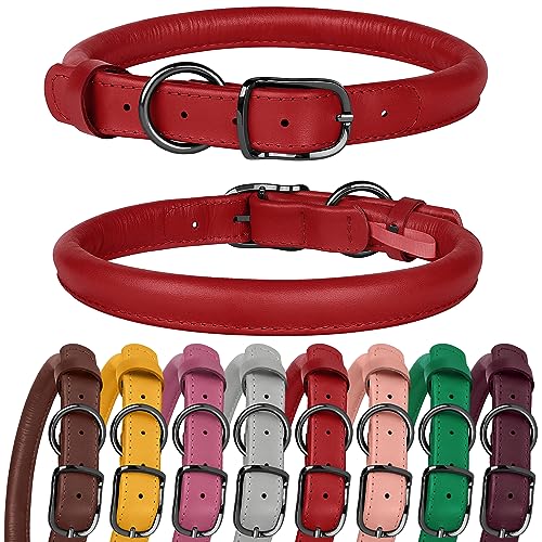 BUDKAS Hundehalsband aus gerolltem Leder für kleine, mittelgroße und große Hunde, Welpen, langlebig, verstellbar, weich, rundes Seil (50,8 - 61 cm Halsumfang, rot) von BUDKAS