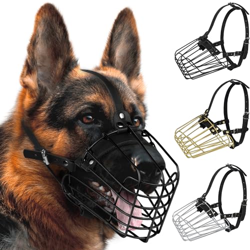 BUDKAS Deutscher Schäferhund Maulkorb Metall Korb für Mittlere Große Hunde Verstellbare Langlebige Lederriemen Sichere Drahtmaske zum Beißen Kauen Bellen (Schwarz, M - Größe) von BUDKAS