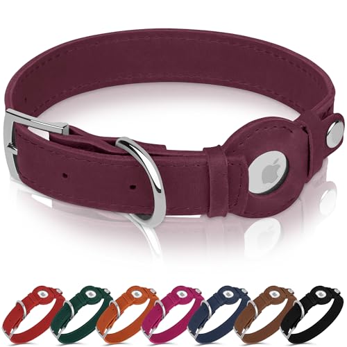 Hundehalsband aus Leder mit Airtag-Halterung, Apple AirTag-Hundehalsband, weiches Tracking, Smart-GPS, Haustierhalsband für kleine, mittelgroße und große Hunde, Welpen, Burgunderrot, Größe XL Hundehalsband aus Leder mit Airtag-Halterung, Apple AirTag-Hundehalsband, weiches Tracking, Smart-GPS, Haustierhalsband für kleine, mittelgroße und große Hunde, Welpen, Burgunderrot, Größe XL von BUDKAS