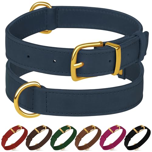Hundehalsband aus echtem Leder, strapazierfähig, verstellbar, weich gepolstert, für kleine, mittelgroße und große Hunderassen, Schwarz, Grün, Braun, Rosa, Rot, Blau (Smoky Blue, XL, Halsumfang 48,3 Hundehalsband aus echtem Leder, strapazierfähig, verstellbar, weich gepolstert, für kleine, mittelgroße und große Hunderassen, Schwarz, Grün, Braun, Rosa, Rot, Blau (Smoky Blue, XL, Halsumfang 48,3 von BUDKAS