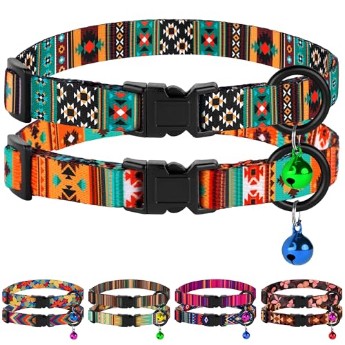 Katzenhalsbänder, weich, niedlich, mit Glöckchen, verstellbare Sicherheits-Kätzchen-Halsbänder für Mädchen und Jungen, bequem, stilvoll, gemustert, leicht, Tribal + Südwesten, 2 Stück Katzenhalsbänder, weich, niedlich, mit Glöckchen, verstellbare Sicherheits-Kätzchen-Halsbänder für Mädchen und Jungen, bequem, stilvoll, gemustert, leicht, Tribal + Südwesten, 2 Stück von BUDKAS