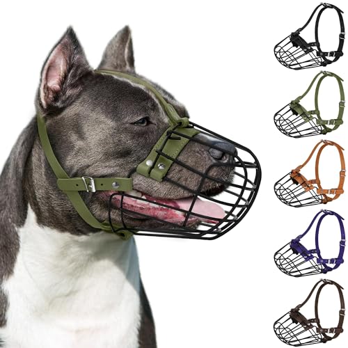 Pitbull Maulkorb für Hunde, atmungsaktiv, Metallkorb für große Hunde, Amstaff Staffordshire Terrier, sichere Drahtmaske, verstellbar, langlebig, Lederriemen, Beißen, Kauen, Bellen (Olivgrün) von BUDKAS