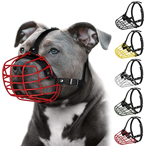 Pitbull Maulkorb für Hunde, Metallmaske, Amstaff sicherer Drahtkorb, verstellbare, langlebige Lederriemen für große Hunde (rot) von BUDKAS