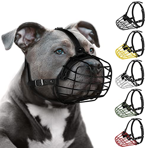 Pitbull Maulkorb für Hunde, Metallmaske, Amstaff sicherer Drahtkorb, verstellbare, langlebige Lederriemen für große Hunde (schwarz) von BUDKAS