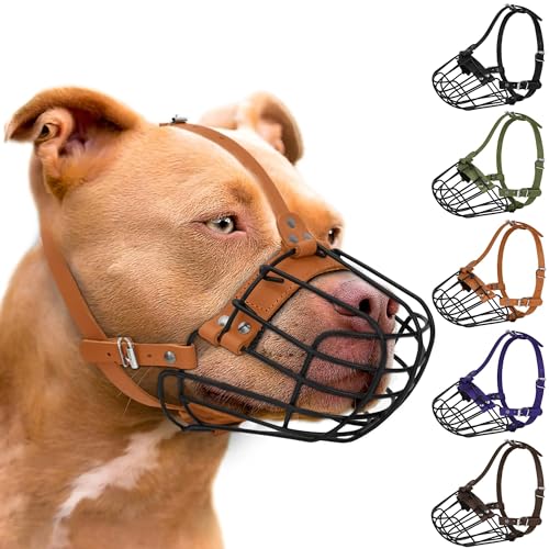 Pitbull Maulkorb für Hunde, atmungsaktiv, Metallkorb für große Hunde, Amstaff Staffordshire Terrier, sichere Drahtmaske, verstellbar, langlebig, Lederriemen, Beißen, Kauen, Bellen (Braun) von BUDKAS
