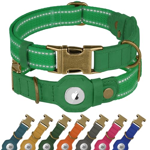 Reflektierendes Hundehalsband aus Leder mit AirTag-Halter, weiches Apple Airtag-Hundehalsband mit Metallschnalle, Sicherheits-Baumwoll-Haustierhalsbänder für Hunde, kleine, große Hunde, Welpen (Grün Reflektierendes Hundehalsband aus Leder mit AirTag-Halter, weiches Apple Airtag-Hundehalsband mit Metallschnalle, Sicherheits-Baumwoll-Haustierhalsbänder für Hunde, kleine, große Hunde, Welpen (Grün von BUDKAS
