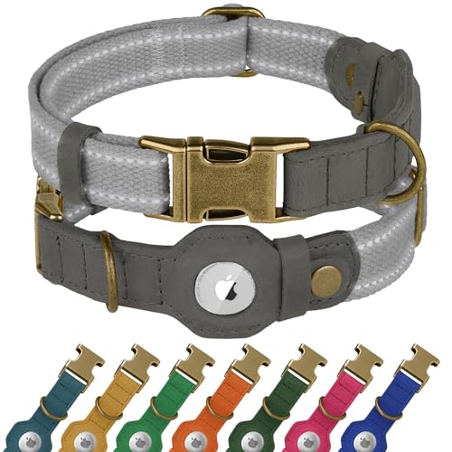 Reflektierendes Hundehalsband aus Leder mit AirTag-Halter, weiches Apple Airtag-Hundehalsband mit Metallschnalle, Sicherheits-Baumwoll-Haustierhalsbänder für Hunde, kleine, große Hunde, Welpen (Grau Reflektierendes Hundehalsband aus Leder mit AirTag-Halter, weiches Apple Airtag-Hundehalsband mit Metallschnalle, Sicherheits-Baumwoll-Haustierhalsbänder für Hunde, kleine, große Hunde, Welpen (Grau von BUDKAS