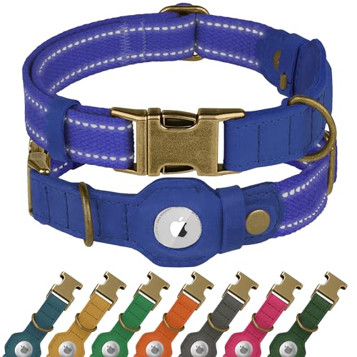 Reflektierendes Hundehalsband aus Leder mit AirTag-Halter, weiches Apple Airtag-Hundehalsband mit Metallschnalle, Sicherheits-Baumwoll-Haustierhalsbänder für Hunde, kleine, große Hunde, Welpen (Blau Reflektierendes Hundehalsband aus Leder mit AirTag-Halter, weiches Apple Airtag-Hundehalsband mit Metallschnalle, Sicherheits-Baumwoll-Haustierhalsbänder für Hunde, kleine, große Hunde, Welpen (Blau von BUDKAS