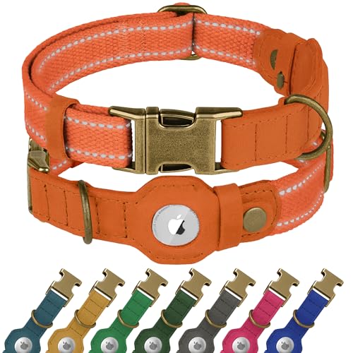 Reflektierendes Hundehalsband aus Leder mit AirTag-Halter, weiches Apple Airtag-Hundehalsband mit Metallschnalle, Sicherheits-Baumwoll-Haustierhalsbänder für Hunde, kleine, große Hunde, Welpen (Orange Reflektierendes Hundehalsband aus Leder mit AirTag-Halter, weiches Apple Airtag-Hundehalsband mit Metallschnalle, Sicherheits-Baumwoll-Haustierhalsbänder für Hunde, kleine, große Hunde, Welpen (Orange von BUDKAS
