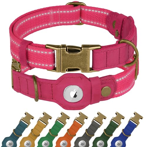 Reflektierendes Hundehalsband aus Leder mit AirTag-Halter, weiches Apple Airtag-Hundehalsband mit Metallschnalle, Sicherheits-Baumwoll-Haustierhalsbänder für Hunde, kleine, große Hunde, Welpen (Rosa Reflektierendes Hundehalsband aus Leder mit AirTag-Halter, weiches Apple Airtag-Hundehalsband mit Metallschnalle, Sicherheits-Baumwoll-Haustierhalsbänder für Hunde, kleine, große Hunde, Welpen (Rosa von BUDKAS