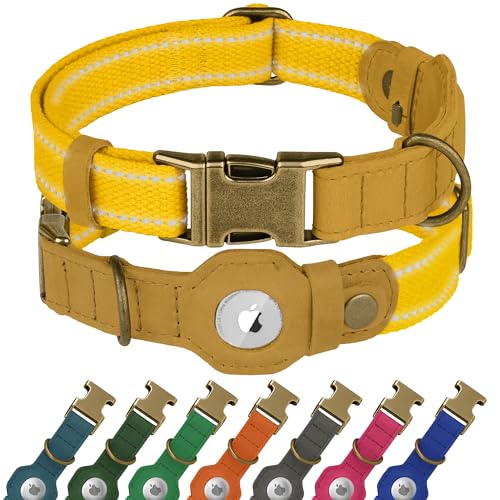 Reflektierendes Hundehalsband aus Leder mit AirTag-Halter, weiches Apple Airtag-Hundehalsband mit Metallschnalle, Sicherheits-Baumwoll-Haustierhalsbänder für Hunde, kleine, große Hunde, Welpen (Gelb Reflektierendes Hundehalsband aus Leder mit AirTag-Halter, weiches Apple Airtag-Hundehalsband mit Metallschnalle, Sicherheits-Baumwoll-Haustierhalsbänder für Hunde, kleine, große Hunde, Welpen (Gelb von BUDKAS