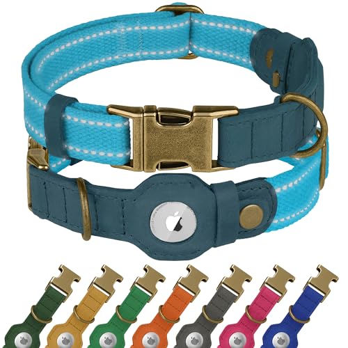 Reflektierendes Hundehalsband aus Leder mit AirTag-Halter, weiches Apple Airtag-Hundehalsband mit Metallschnalle, Sicherheits-Baumwoll-Haustierhalsbänder für Hunde, kleine, große Hunde, Welpen Reflektierendes Hundehalsband aus Leder mit AirTag-Halter, weiches Apple Airtag-Hundehalsband mit Metallschnalle, Sicherheits-Baumwoll-Haustierhalsbänder für Hunde, kleine, große Hunde, Welpen von BUDKAS