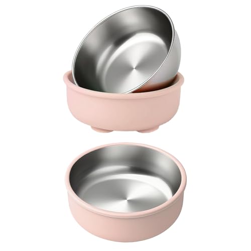 BUERPINKING Katzenschüssel, 2 Stück Katzennapf, Edelstahl Silikon Katzenfressnapf, Katzen Napfset with Suction Cup Anti-Slip, Katzenschüssel für Katze Kleine Hunde (Morandi-Gelb) von BUERPINKING