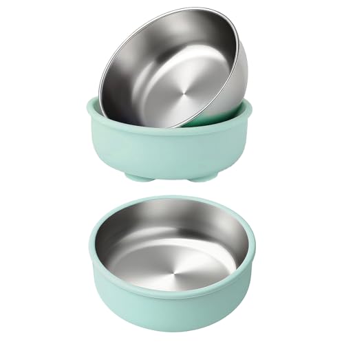 BUERPINKING Katzenschüssel, 2 Stück Katzennapf, Edelstahl Silikon Katzenfressnapf, Katzen Napfset with Suction Cup Anti-Slip, Katzenschüssel für Katze Kleine Hunde (Morandi-Grün) von BUERPINKING
