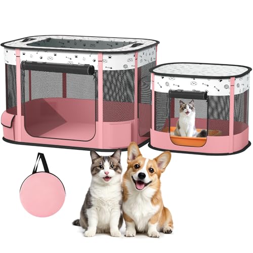 BUFOR Tragbarer Laufstall für Katzen, faltbar, Laufstall für Kätzchen, Welpen, für drinnen und draußen, Katzenzelt mit Tragetasche, 600D Oxford 8 Stangen, 81,3 x 61 x 55,9 cm, Rosa von BUFOR