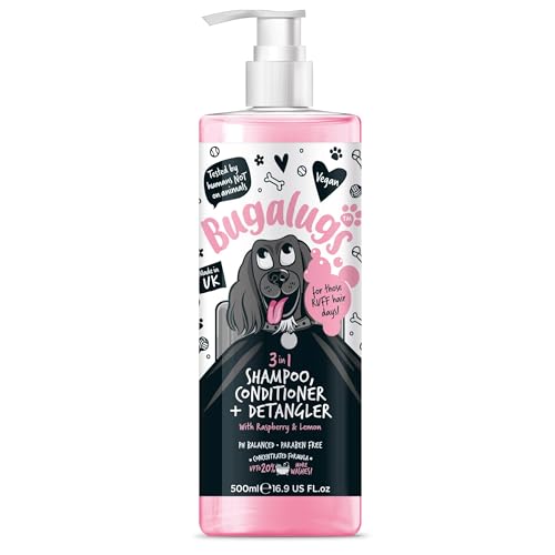 BUGALUGS Hunde-Shampoo, 3-in-1 Shampoo, Conditioner und Entwirrer, Himbeere und Zitrone, Parfüm für stinkende Hunde, bestes Hundemantel, Welpen-Shampoo, Haustier-Zubehör (Shampoo, 500 ml) von BUGALUGS