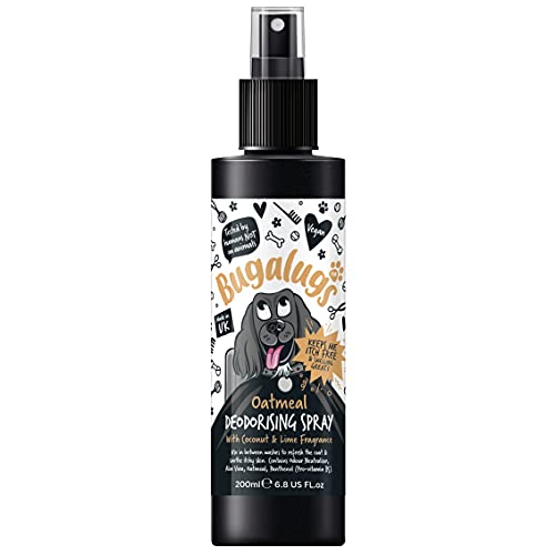 BUGALUGS Oatmeal Dog Deodorant Deo Spray mit Kokos- & Limetten-Duft, Hundeparfümspray mit Geruchsneutralisierer – vegane Hundepflege, Geruchsbeseitiger, Verwendung mit Haferflocken-Shampoo (200 ml) von BUGALUGS