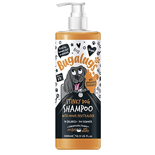 BUGALUGS Shampoo zur Geruchsbeseitigung für Hunde, 500 ml, Geruchskontrolle und Fox Poo, langanhaltender Duft, gründliche Reinigung, empfindliche Haut, häufige Anwendung, glänzendes Fell, vegan von BUGALUGS